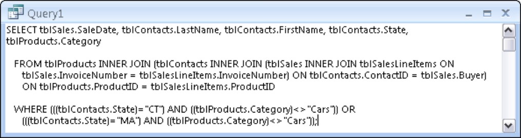 The SQL view for the query built in Figure 5-2. Notice that it contains a single OR statement and two AND statements (in the WHERE clause).